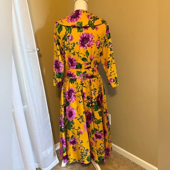 Pinup Couture Yellow and Purple Floral 3/4 Sleeve Dress - Picture 4 of 8